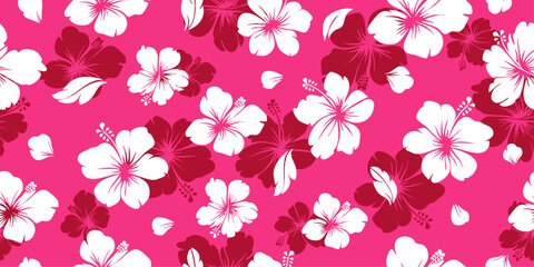 pink aloha hibiscus tropical flower hawaiian seamless pattern vector, floral summer for textile, fabric, and print design. © Natawut