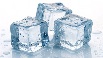 Close-Up of Transparent Ice Cubes with Water Droplets on White Background