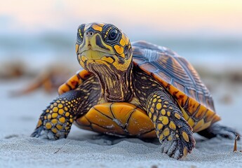 Obraz premium Close-Up of a Colorful Turtle Crawling on the Sandy Shore Under a Softly Blurred Sunrise Sky at the Beach