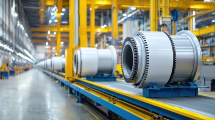 energy efficiency conservation automation concept. Industrial facility with large turbine engines on assembly line.