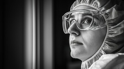 A focused researcher in full protective gear working on viral DNA analysis in a clean, sterile lab, demonstrating the high safety standards and specialized research in the field of virology