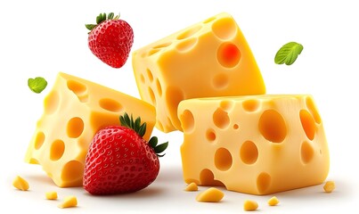 cube swiss cheese pieces and one strawberry floating in the air, Generative AI