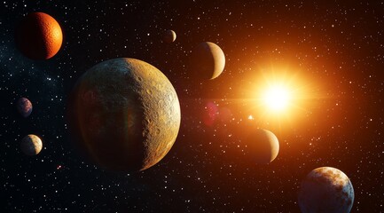 Obraz premium Vibrant star system with planets orbiting a bright sun in space.