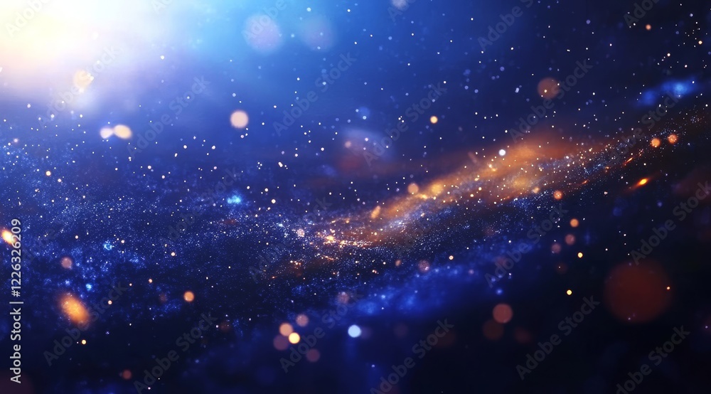 Poster abstract cosmic nebula with glowing particles and bokeh lights.