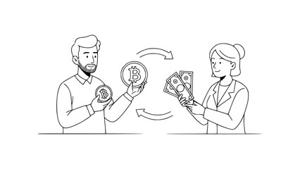 Simple Line Art of Bitcoin and Dollar Currency Exchange / Monochrome Sketch of People Trading Bitcoin for USD