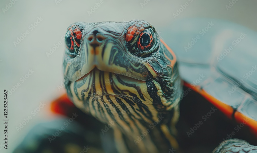 Poster close-up of a colorful turtle with detailed shell patterns and bright eyes against a natural backgro