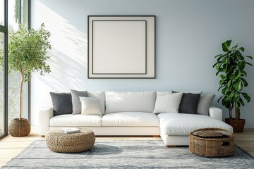 Modern Serene Living Room Minimalist Design with White Sofa Textured Cushions Scandinavian Style