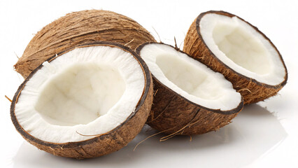 Fresh Halved Coconuts with White Flesh on White Background