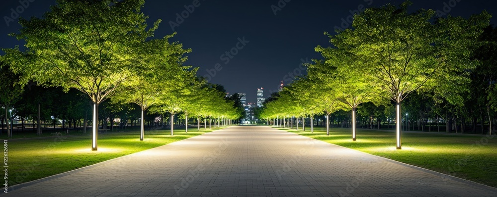 Poster energy efficiency conservation automation concept. pathway illuminated by trees at night in a serene