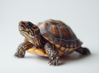 Fototapeta premium Close-up of a Colorful Turtle with Unique Shell Patterns Posing on a Light Background in a Studio Setting