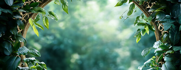 Mystical green forest frame with glowing sunlit backdrop in dreamy ethereal fairy tale woodland nature setting