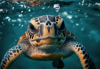 Close-up of a Majestic Sea Turtle Swimming Underwater in a Clear Ocean Environment, Capturing the Beauty of Marine Life and Oceanic Wonders