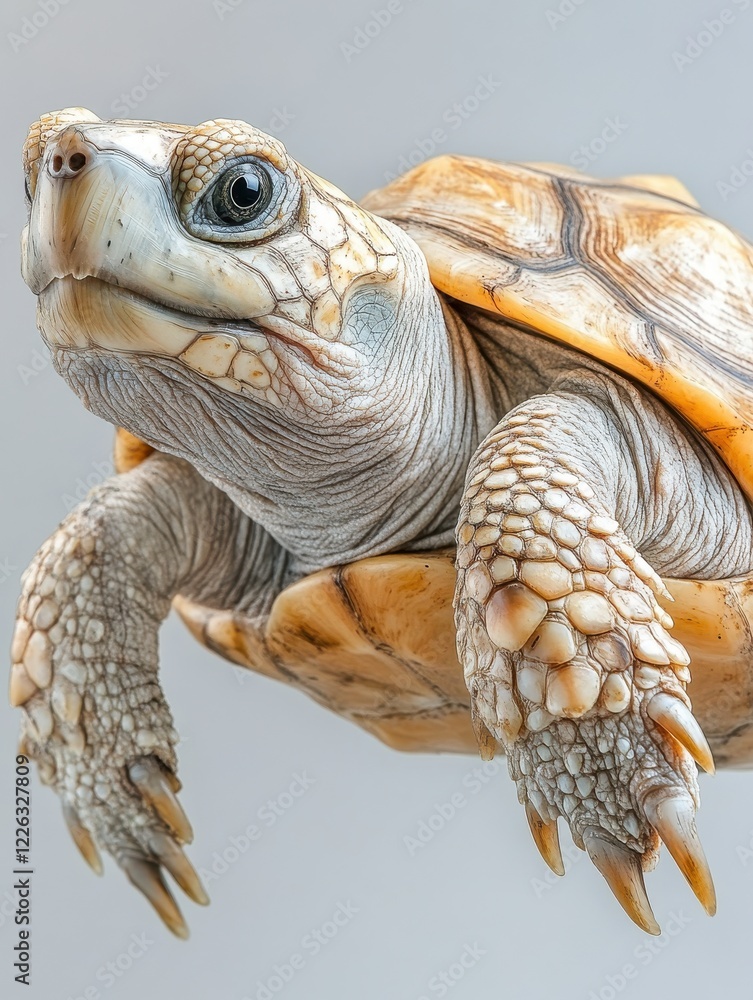 Poster close-up of a majestic tortoise with detailed shell patterns and expressive facial features against 