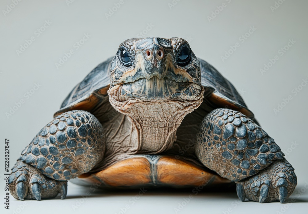 Poster close-up of a majestic turtle displaying detailed shell patterns and expressive eyes against a soft 