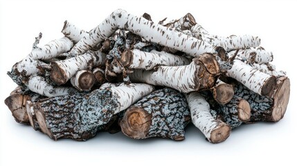 Obraz premium Birch Logs Pile White Background Fireplace Wood Winter Fuel Natural Texture