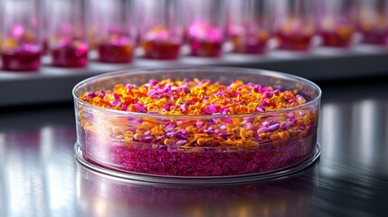 A close-up of genetically engineered microorganisms in a petri dish inside a modern biotech lab, symbolizing the forefront of genetic modification and biotechnology research