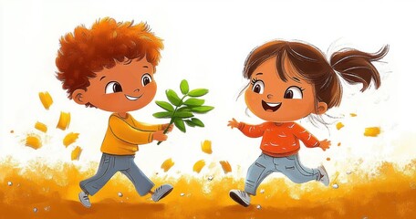 Children Playing in the Yard with a Plant and Running in Bright Colors