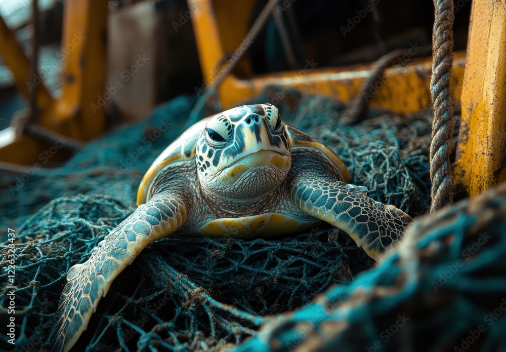 Aufkleber close-up of a sea turtle resting on fishing nets in an ocean environment with textured background an