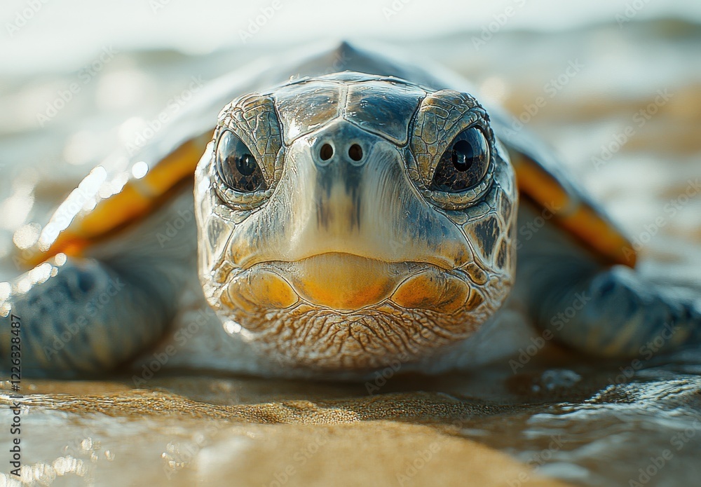 Aufkleber close-up of a sea turtle resting on the shore with ocean background, capturing its intricate feature