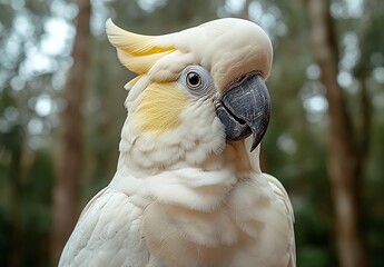Sulphur Crested Cockatoo Portrait White Plumage, Yellow Crest, Green Forest Background