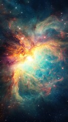 A bright cosmic nebula showcases vibrant colors and intense light at its center, surrounded by swirling gas and stars