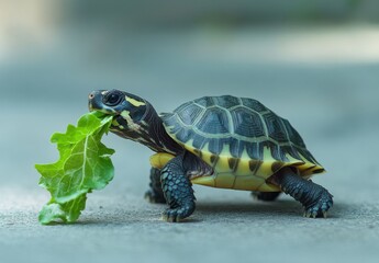 Obraz premium Close-Up of a Small Turtle Holding Fresh Green Lettuce in Its Mouth While Crawling on a Smooth Surface in Natural Light