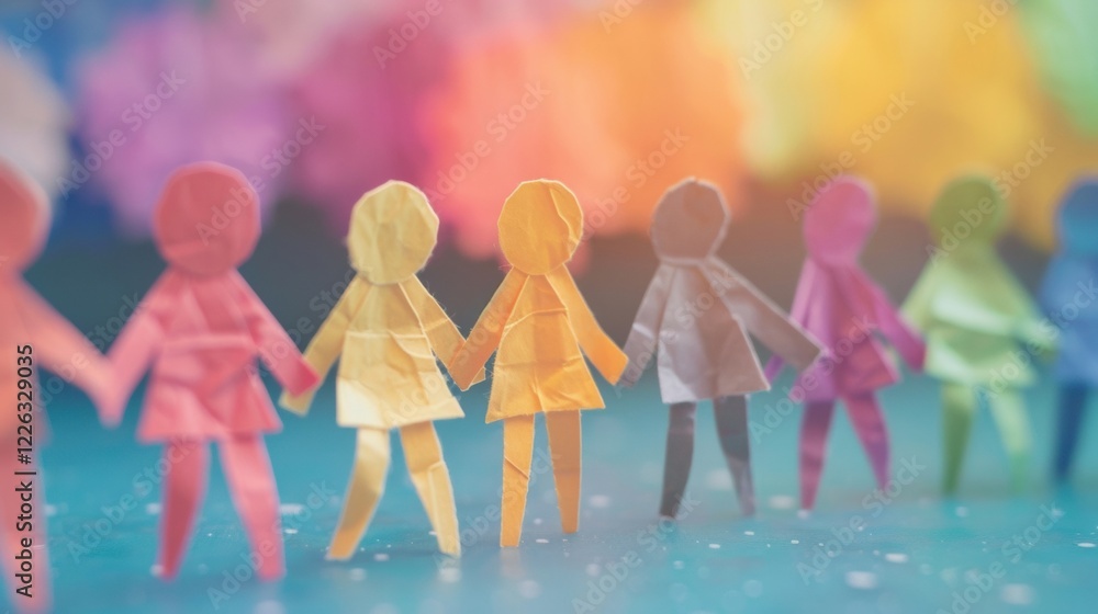 Poster brightly colored paper figures join hands in a line, symbolizing friendship and connection against a