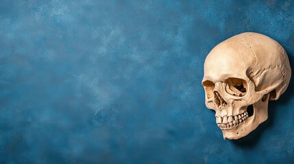Naklejka premium Human skull placed against a textured blue background, emphasizing anatomical features and artistry