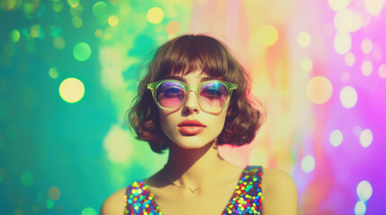 A young woman in vibrant attire surrounded by colorful lights, creating a captivating and artistic effect that reflects creativity and energy.