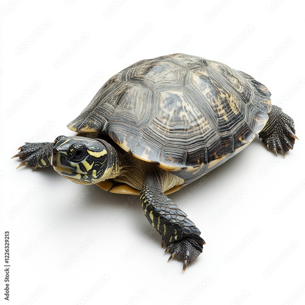 Poster close-up of a tortoise showcasing textured shell and vibrant skin, demonstrating the unique patterns