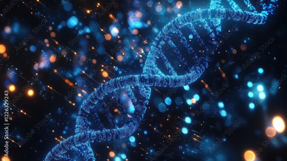 Poster futuristic digital art of glowing dna helix in cyberpunk style highlighting bioinformatics and genom