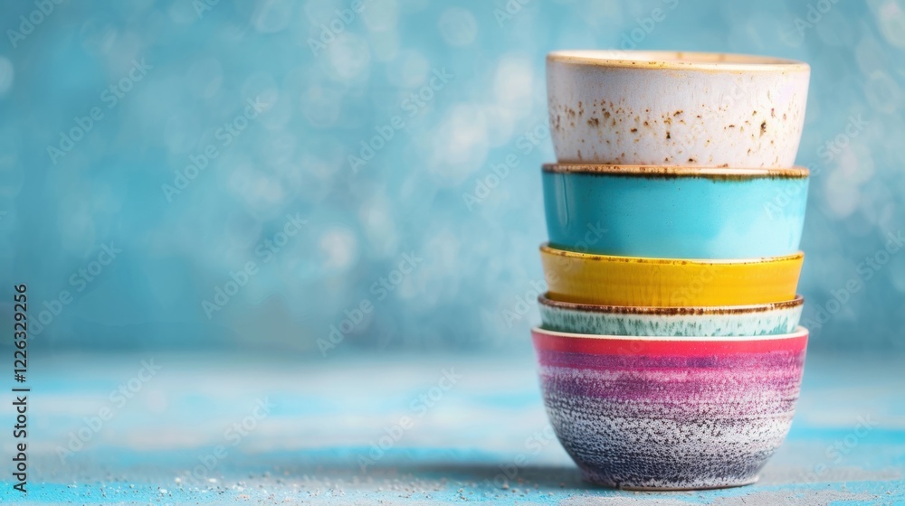 Aufkleber a stack of five ceramic cups in various colors rests on a blue textured surface, creating a playful 