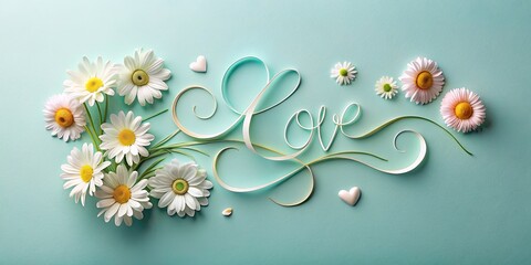 Paper Art Love Calligraphy Daisy Flower Romantic Floral Design  Abstract Background Copy Space