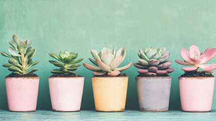 Obraz premium Five vibrant potted succulents showcase various shapes and colors, enhancing the serene green backdrop with a touch of nature