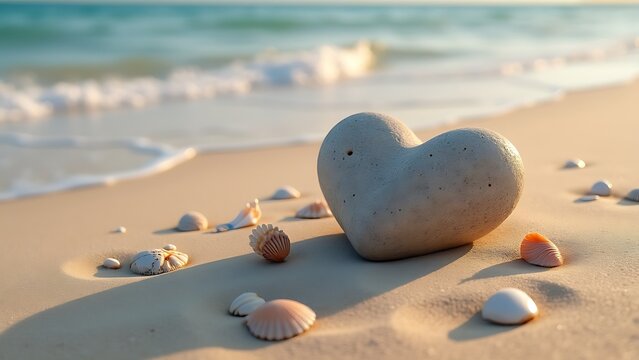 heart shaped rock sandy beach seashells