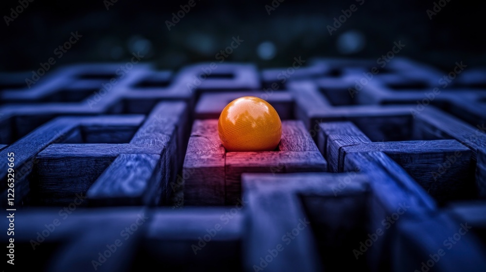 Poster abstract wooden maze puzzle with orange ball problem solving path choice challenge con