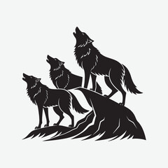Discover a striking black wolves silhouette vector art on a clean white background. Perfect for logos, wall art, and graphic design projects. Download high-quality, detailed wolf pack illustrations.