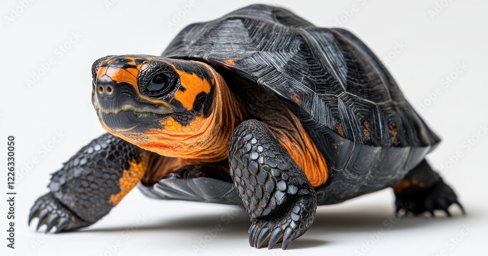 Poster close-up of a vibrant orange and black turtle showcasing intricate shell patterns and lively feature