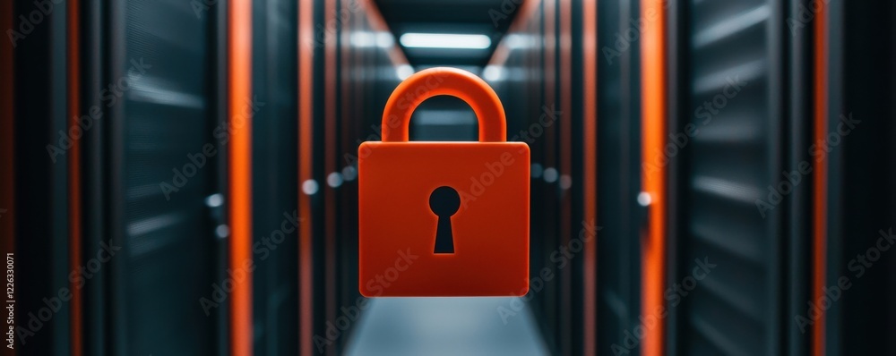 Aufkleber a vibrant red lock hovers in a data center, symbolizing cybersecurity and protection of sensitive in