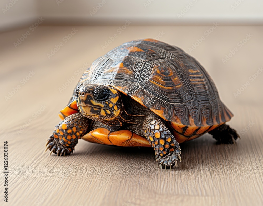 Poster close-up of a vibrant and colorful turtle resting on a wooden floor, showcasing unique shell pattern