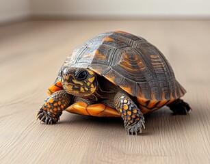 Fototapeta premium Close-up of a vibrant and colorful turtle resting on a wooden floor, showcasing unique shell patterns and shiny eyes in a well-lit indoor setting