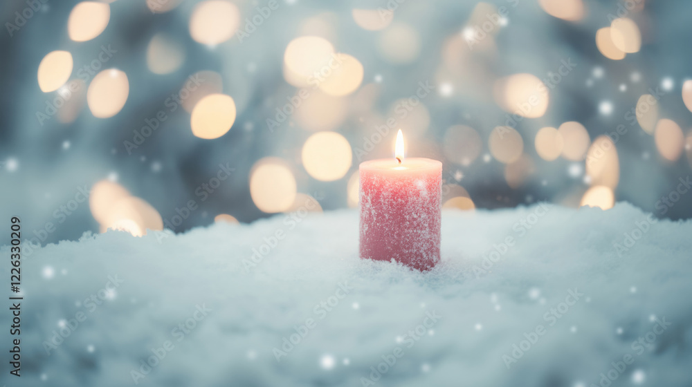 Poster a single red candle dusted with snow emits a warm glow against a blurred wintery background with sof