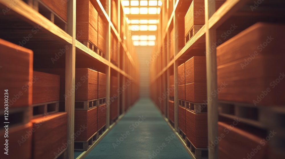 Aufkleber A dimly lit warehouse aisle with rows of wooden shelves stacked with boxes, creating a sense of depth and perspective.
