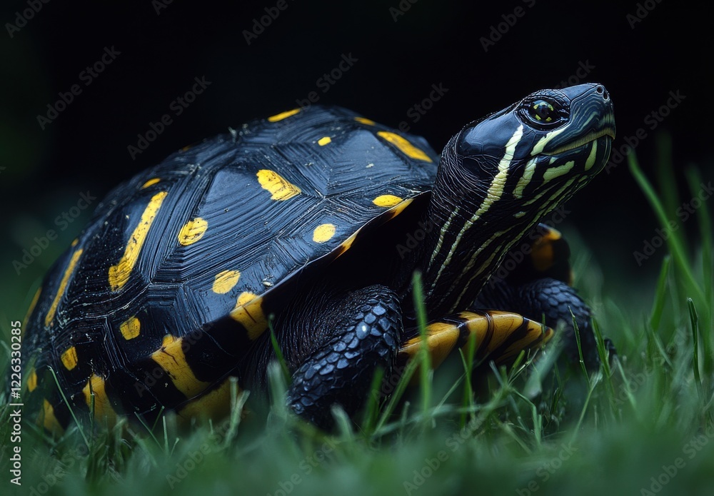 Poster close-up of a vibrant turtle with striking yellow spots and patterns resting on lush green grass in 