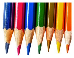 Colorful pencils arranged in a vibrant row isolated on transparent background