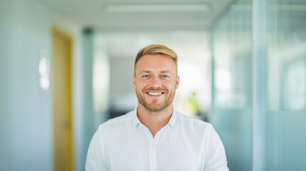 Obraz premium A cheerful man in a white shirt smiles warmly while standing in a modern, brightly lit office space.