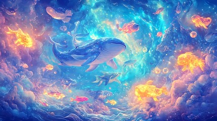 magical ocean whale & fish dreamscape - surrealism