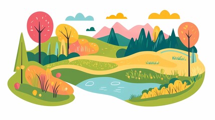 Obraz premium Vibrant Minimalist Landscape with Stream and Colorful Trees