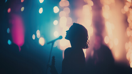 A dramatic silhouette of a female singer holding a microphone against colorful stage lights, capturing the energy of a live performance.