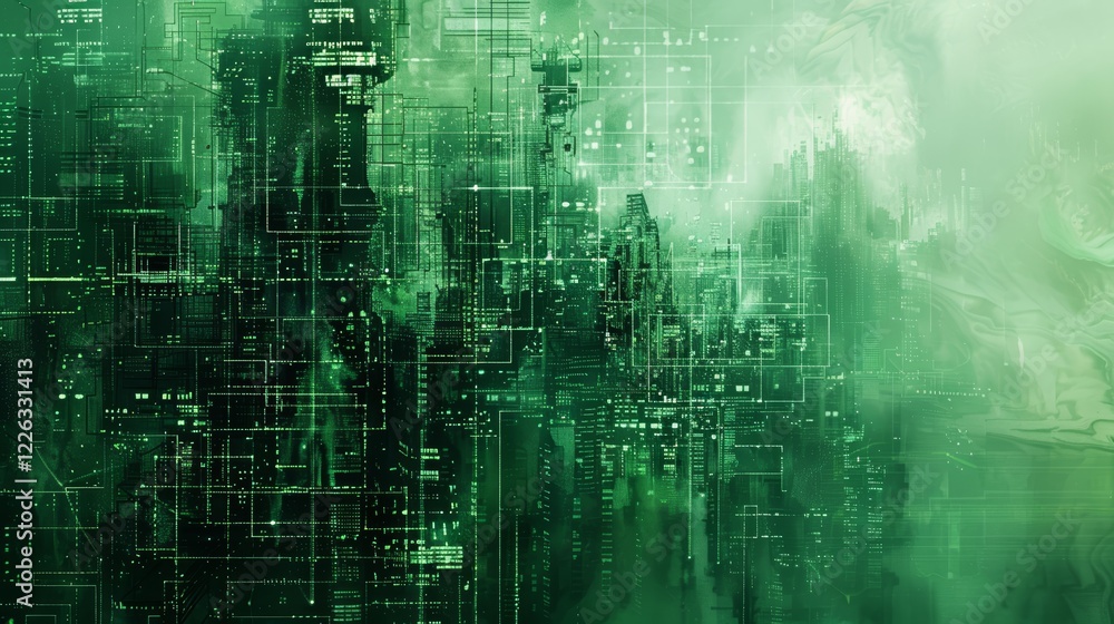 Poster distorted wire patterns with glitching effects in green tones